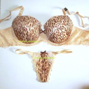 34DD/L VICTORIA'S SECRET Dream Angels Lined Demi Bra Set V-String Leopard Smooth